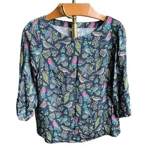 J Jill Novelty Bird Floral Print Soft Viscose Blouse Medium Petite